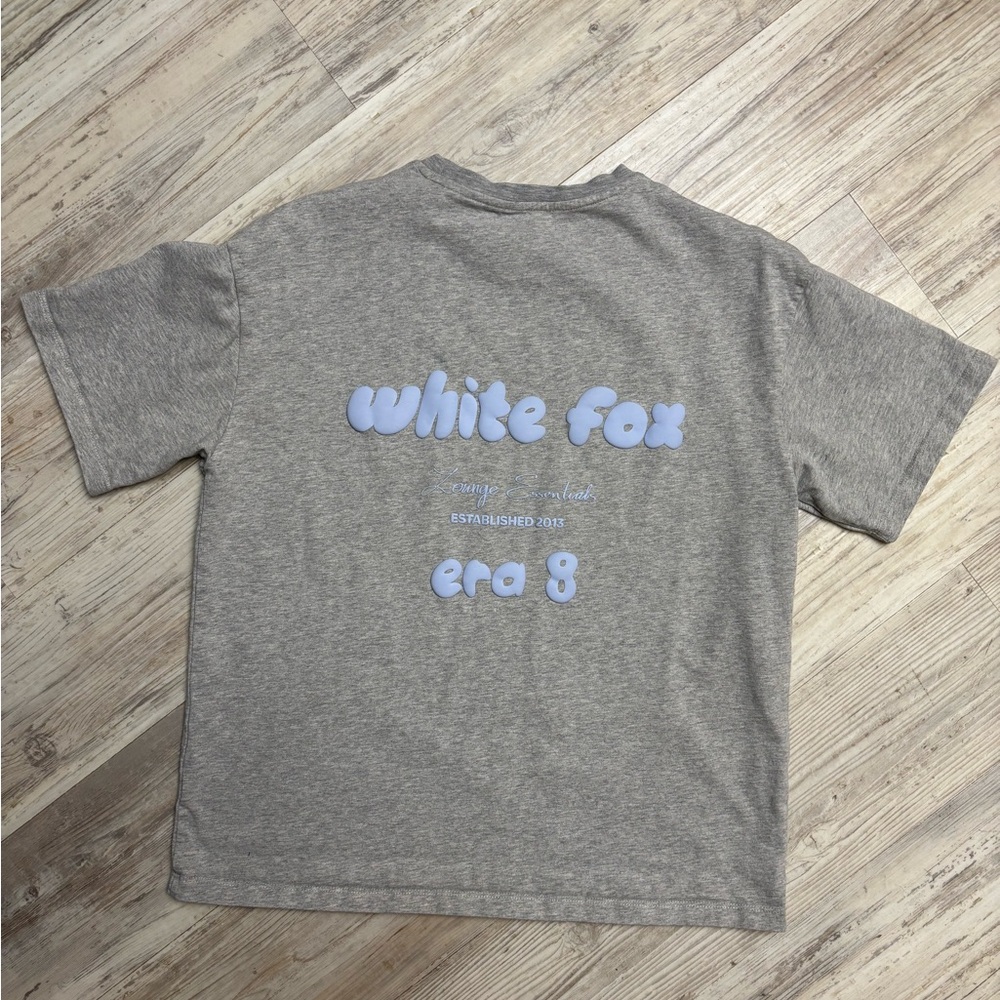 White Fox Boutique Oversized Shirt Gray W/Light Blue Puff Lettering Size XS/S